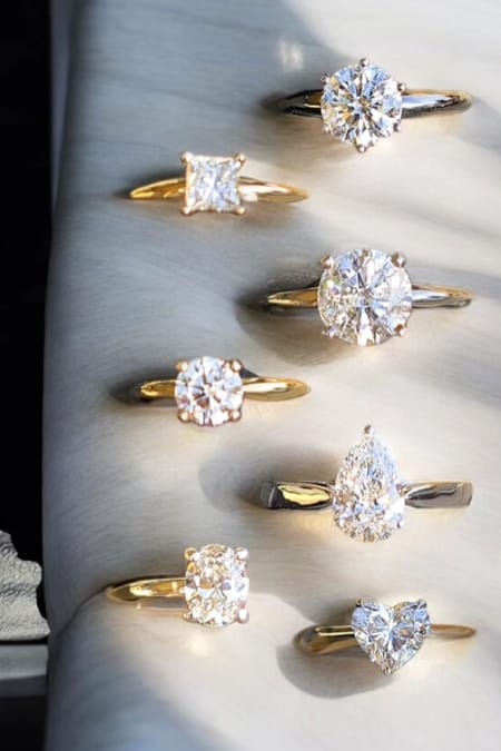 Close up of diamond rings on display